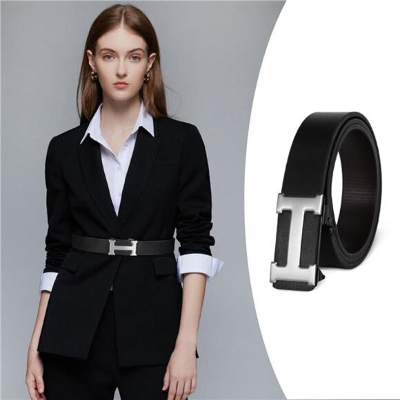 Men&Womens Leather Dress Belt Business Automatic Buckle Belt Color-Black Silver